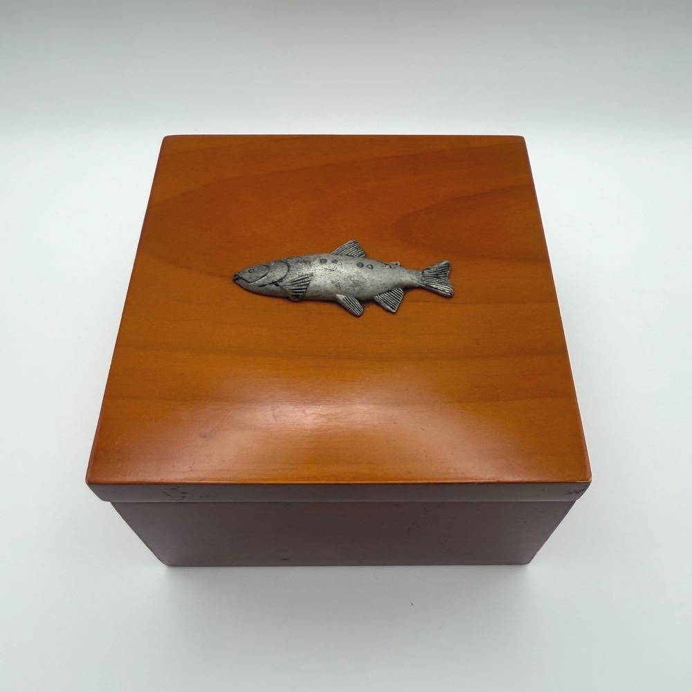 Hallmark Wooden Fish Box with 5 Coasters - Vintage Fly Fishing Decor